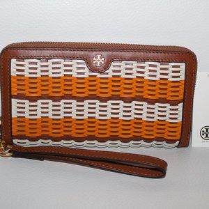 NWT TORY BURCH EMERSON WOVEN WRISTLET ZIP CONTINENTAL WALLET BROWN MULTI $378